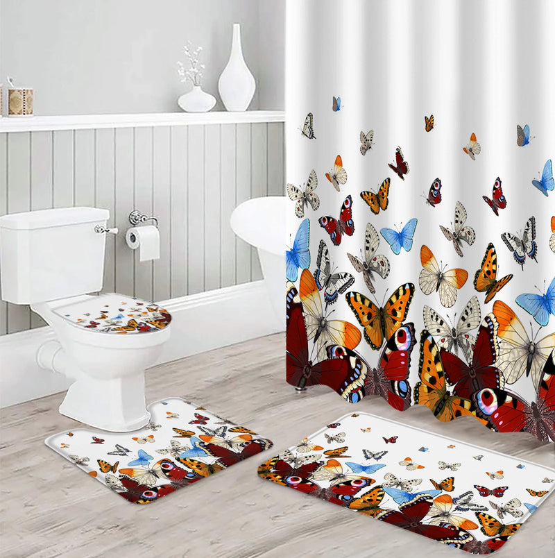 Pastoral Butterfly Gradient Shower Curtain Non-Slip Rugs Toilet Lid Cover and Bath Mat Bathroom Curtains with Hooks