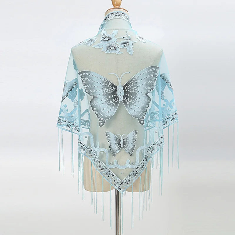 Sexy Hollow Tassel Triangular Lace Scarf Butterfly Printed Wedding Cloak Cape Women Summer Long Sun Beach Towel Sunscreen Shawl