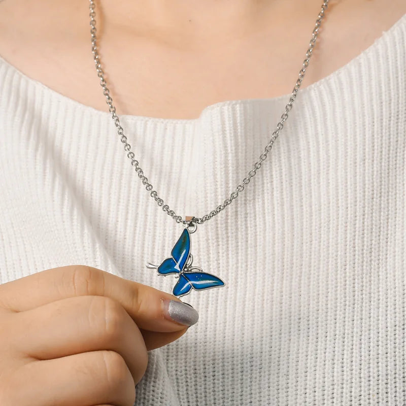Creative Mood Necklace Change Emotion Feeling Temperature Control Butterfly Pendant Stainless Steel Chain Jewelry for Women