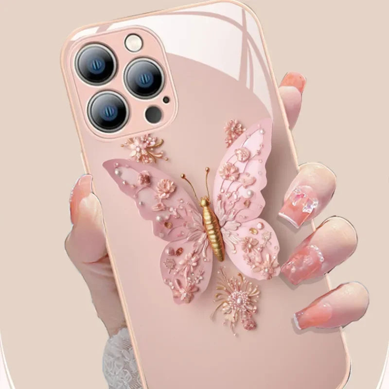 New Glass Butterfly Pattern Case for IPhone 14 Pro Max 13 Pro 15 12 11 Pro Max Fairy Butterfly Glass Phone Case