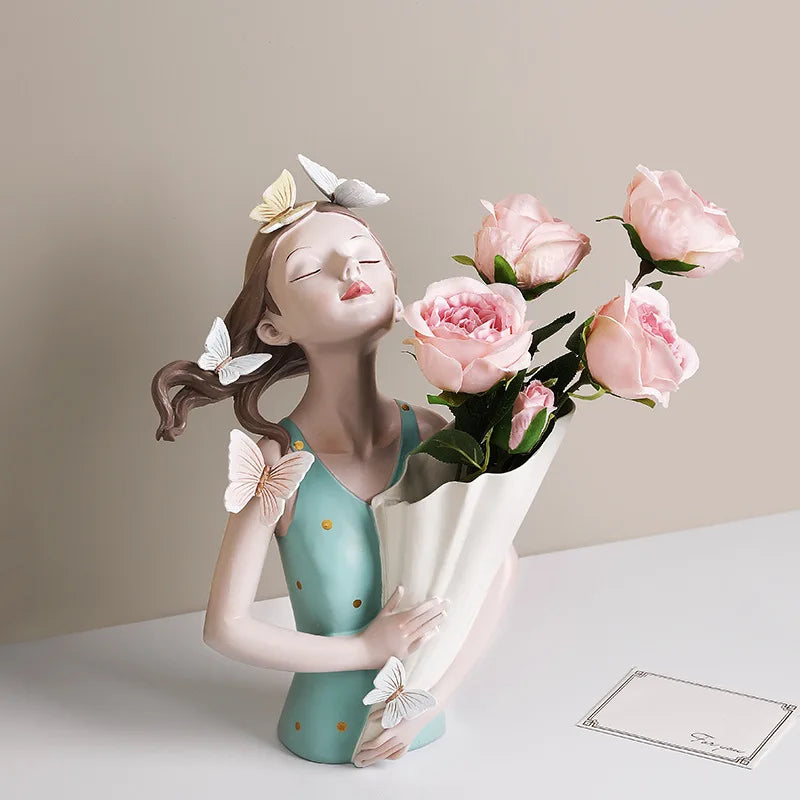 Modern Decorative Artificial Flower Vase  Butterfly Girl Sculptures Interior Home Resin Ornaments Household Decoration Vases Hot