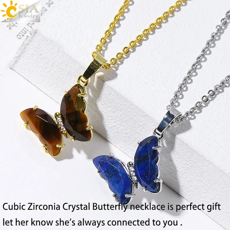 Vintage Crystal Necklace Butterfly Necklaces for Women Natural Stone Amethysts Clear Quartz Pendants Stainless Steel Chain H158