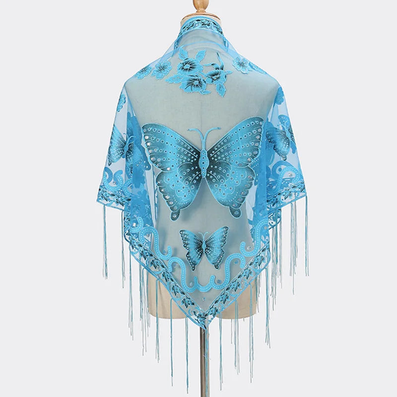Sexy Hollow Tassel Triangular Lace Scarf Butterfly Printed Wedding Cloak Cape Women Summer Long Sun Beach Towel Sunscreen Shawl
