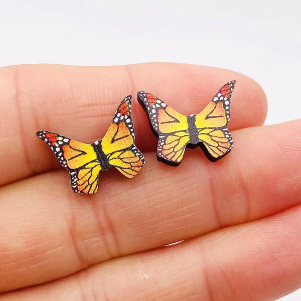 New Fashion Butterfly Leather Earrings Colorful Butterfly Printing Leather Earrings and Wooden Ear Studs Set for Women Jewelry