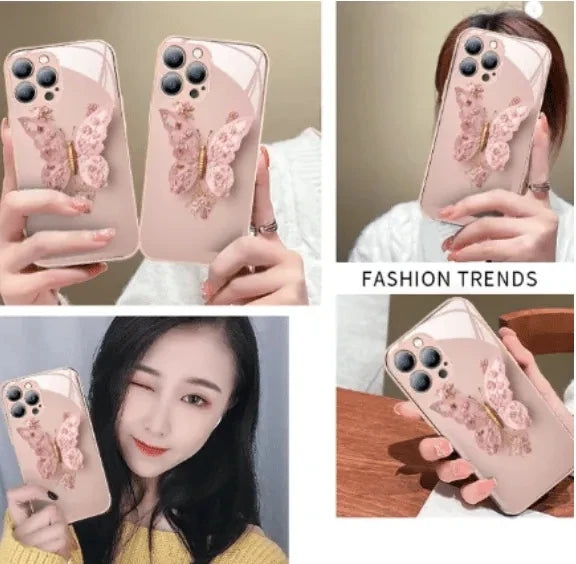 Fashion 3D Fairy Butterfly Glass Phone Case for IPhone 15 14 13 12 11 Pro XS Max X XR 7 8 Plus SE 2020 Silicone Case Back Cover