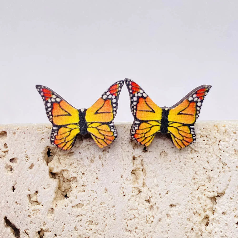 New Fashion Butterfly Leather Earrings Colorful Butterfly Printing Leather Earrings and Wooden Ear Studs Set for Women Jewelry