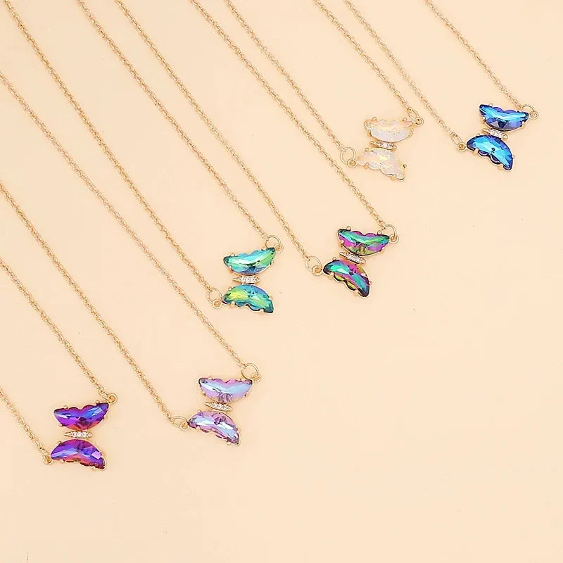 Gradient Color Butterfly Shape Necklace For Women Popular Glass Crystal Butterfly Pendant Clavicle Chain Jewelry