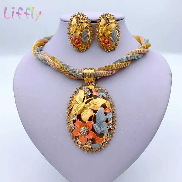 African Necklace Dubai Gold Plated Jewelry Set for Women Wedding Bridal Travel Party Bracelet Earrings Ring Pendant Accessories