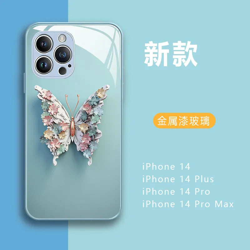 Fashion 3D Fairy Butterfly Glass Phone Case for IPhone 15 14 13 12 11 Pro XS Max X XR 7 8 Plus SE 2020 Silicone Case Back Cover