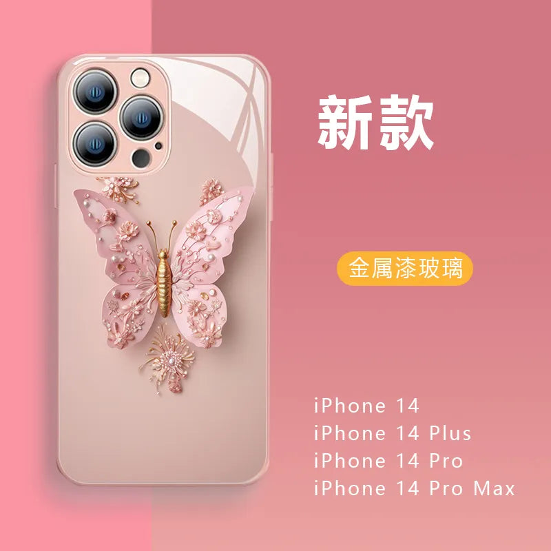 Fashion 3D Fairy Butterfly Glass Phone Case for IPhone 15 14 13 12 11 Pro XS Max X XR 7 8 Plus SE 2020 Silicone Case Back Cover