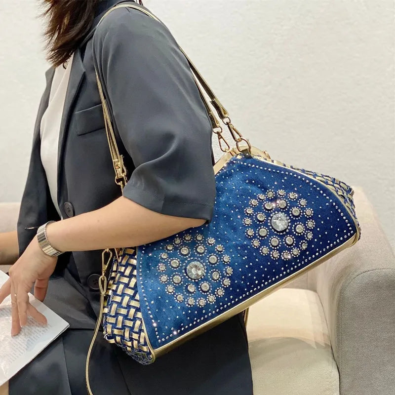Denim Rhinestones Women Handbag Clutch Bag For Evening Party Chic Butterfly Decoration Ladies Denim Fireworks Shoulder Bag