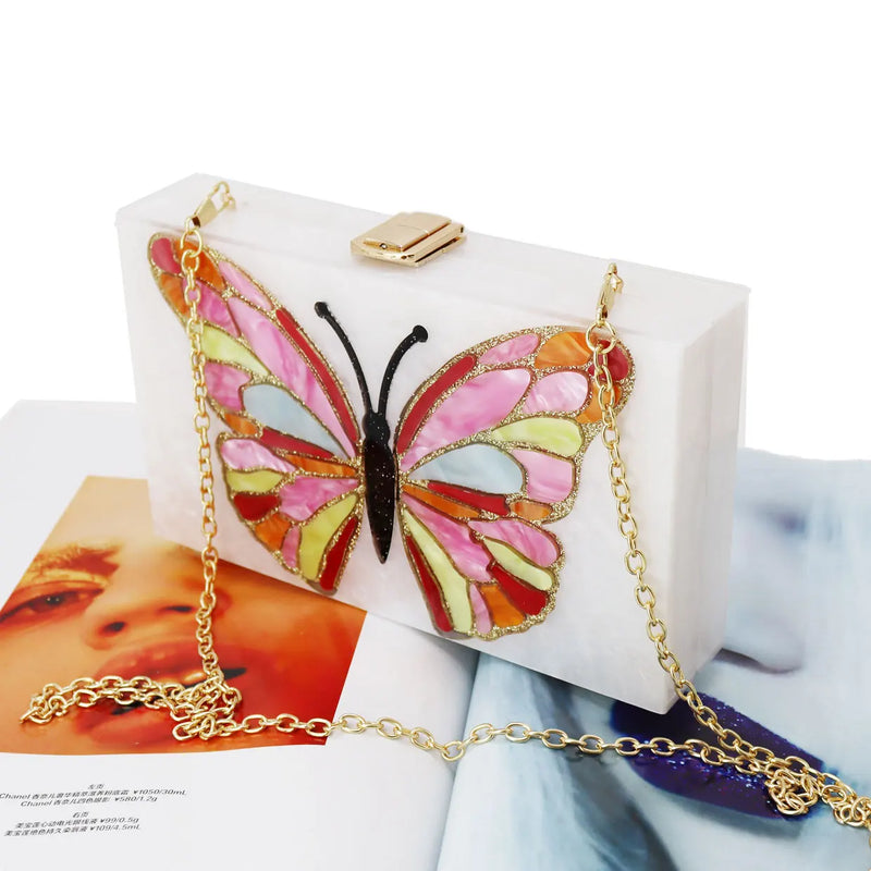 KHNMEET White Acrylic Luxury Clutch Bags for Cute Pretty Colorful Butterfly Clutch Bags for Women Party Purse Pouch