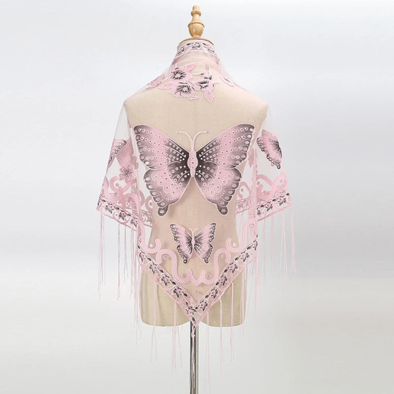 Lace Triangle Scarf Formal Shawls And Wrap For Evening Dresses Butterfly Embroidered Shawl Sheer Shawl With Fringe
